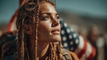 Woman with braided hair gazes upward in the sunlight at an outdoor event with an American flag backdrop photo