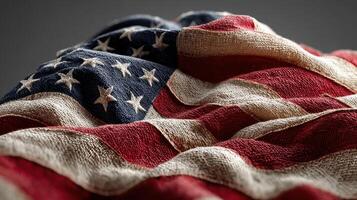 Waving American flag draped over textured surface in soft light captures national pride and spirit photo