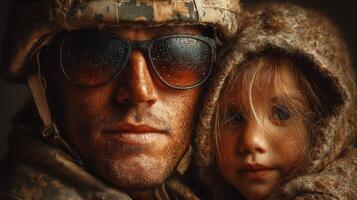 Soldier holds young child close during emotional reunion in a dimly lit environment showcasing deep bond and resilience photo