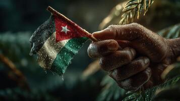 Hand holding a wet Cuban flag against a backdrop of green foliage on a rainy day in Cuba photo