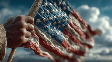 Waving American flag against a dramatic sky during a vibrant outdoor gathering in the early evening photo