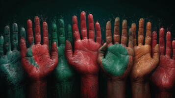 Multicolored hands representing unity and diversity during a cultural celebration in a vibrant setting photo