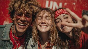 Friends enjoying a sunny day together with joyful smiles in a vibrant urban setting photo