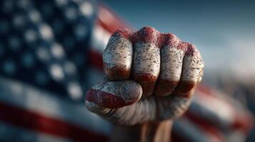 Fist raised with pride in front of American flag during a moment of unity and strength photo