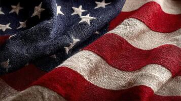 Woven textures and colors of a weathered American flag showcase rich history and patriotism in natural light photo