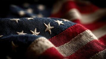 Waving fabric of the American flag unfolds with intricate details showcasing stars and stripes design photo