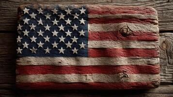 Rustic wooden depiction of the American flag with a vintage, weathered look photo