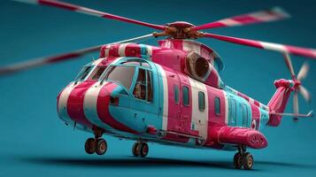 Helicopter with unique color scheme on solid background at indoor location photo