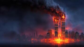 Destruction and chaos in a city skyline during a catastrophic event engulfing tall buildings in flames photo