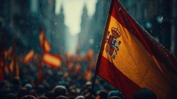 Crowd gathers under rain with Spanish flags during celebration in urban area on a festive evening photo