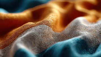 Textile fabric showcases intricate textures and vibrant colors in a close-up view photo