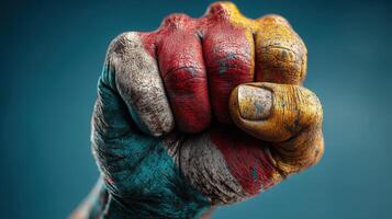Creative display of strength and culture through a painted fist showcasing vibrant colors in a bold gesture of unity photo