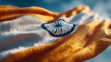 Indian flag fluttering in the breeze on a clear day, showcasing vibrant colors and detailed emblem photo