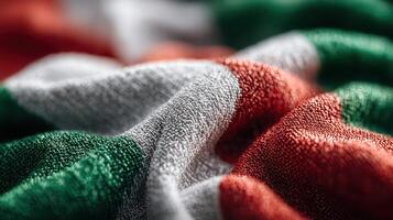 Vibrant colors and intricate textures of a woven fabric with green, white, and red hues presented in a close-up view photo