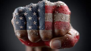 Fist painted with American flag symbolizes strength and unity in a powerful display of patriotism and resilience photo