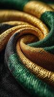Intricate detail of woven fabric showcasing green, gold, and black patterns with a rich texture photo