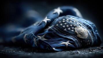 U.S. flag folded over a police badge emphasizing patriotism and service during a solemn remembrance photo