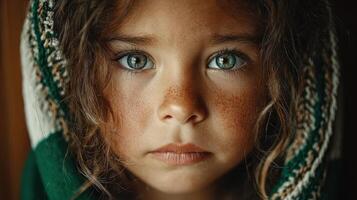 Child with vibrant blue eyes and freckles wearing a hood stands against a neutral background in soft lighting photo