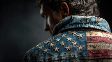 Deteriorated denim jacket with American flag design worn by man in low light setting photo