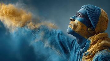 Vibrant celebration of color with a person expressing joy during a festival in a creative atmosphere photo