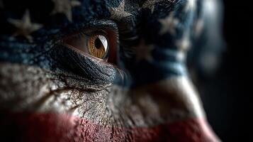 Close-up of an eye with patriotic face paint representing the American flag during a national celebration photo