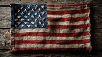 Vintage American flag displayed on rustic wooden surface, showcasing its worn texture and faded colors, representing history and pride photo