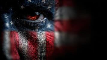 Person with face paint featuring American flag colors and design during a patriotic event in a nighttime setting photo