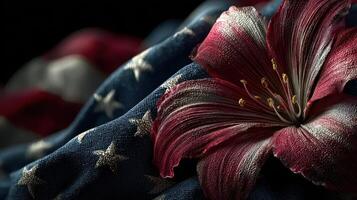 Flower blended with American flag symbolizes patriotism and beauty intertwined in an artistic representation photo