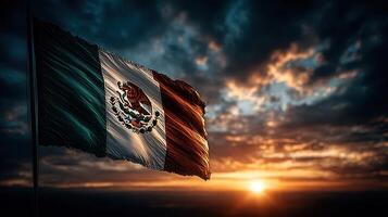 Flag of Mexico waving against a dramatic sunset in the background, symbolizing national pride and heritage photo