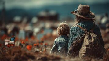 Reflection on sacrifice during Memorial Day observed in a serene cemetery setting with a child and guardian photo