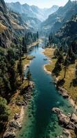 Breathtaking river winding through lush mountains and green forests during a sunny day in a serene landscape photo