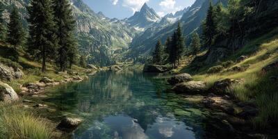 Beautiful mountain landscape with calm water reflecting trees and mountains during a sunny day photo