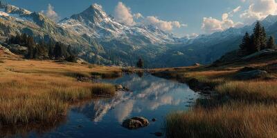 Breathtaking mountain landscape with reflection at dawn in a serene valley photo