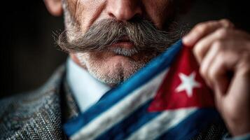 Man with a vintage mustache holds a Cuban flag in celebration of culture and heritage indoors photo