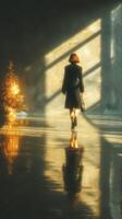 Woman walking towards a glowing Christmas tree in a modern, sunlit interior space during the holiday season photo