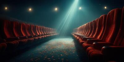 Empty theater rows illuminated by soft light create a dramatic atmosphere at night photo