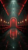 Elegant theater interior with red seating and dramatic lighting creating a captivating atmosphere for performances photo