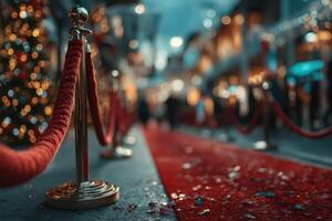 Red carpet event with festive decorations at nighttime attracting visitors and creating a glamorous atmosphere photo