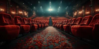 Elegant theater interior with red velvet seats and flower petals scattered on the aisle photo