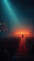 Crowd gathers in cinema during dramatic performance with enhanced lighting effects photo