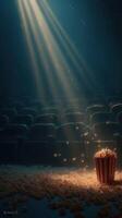 Soft rays of light illuminate scattered popcorn in an empty theater during an afternoon screening photo