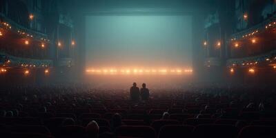 Couple enjoys captivating cinematic experience in a classic theater filled with anticipation at night photo