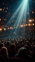 Crowded theater filled with audience members enjoying a live performance during the evening hours photo