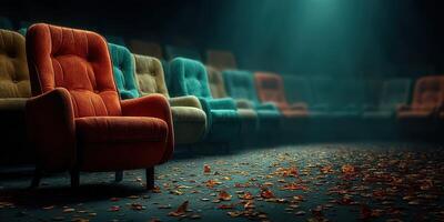 Colorful chairs arranged in a dimly lit room with fallen leaves on the floor creating a cozy atmosphere photo