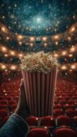 Crowd-filled theater with a hand holding a large bucket of popcorn during an evening performance photo