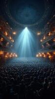 Crowd gathered in a grand theater during a performance with dramatic lighting and ornate architecture photo