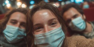 Friends enjoying an evening at the cinema while wearing face masks during a movie screening in a cozy theater photo