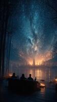 Enjoying a night by the lake while stargazing at a cosmic view of the glowing city and a bright Milky Way galaxy photo