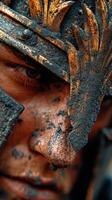 Warrior in ornate armor displays intense gaze amid battle preparations in a textured landscape photo