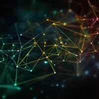Abstract network design with connected nodes in vibrant colors over a dark background at night photo